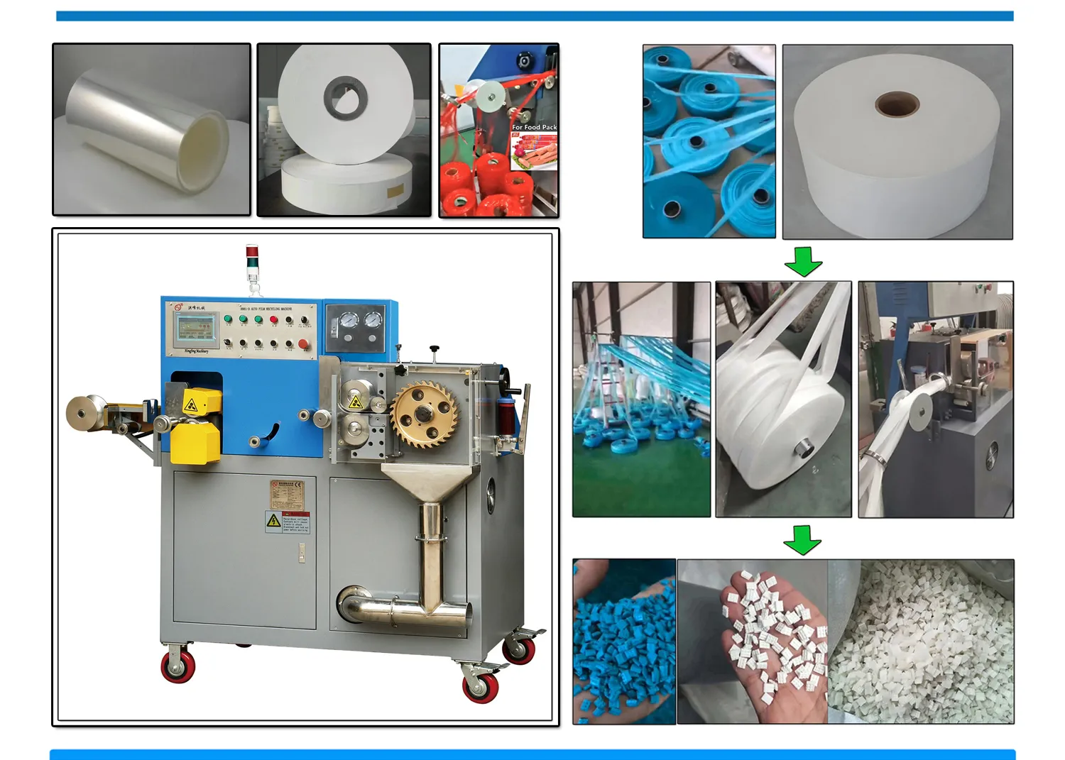 2024流行畅销新款OPA/CPE/CPP/EVA/LLDPE/PE/PET/PO/POF/PP/PFA/PVA/TPU薄膜边料废料回收造粒机 SliderImage