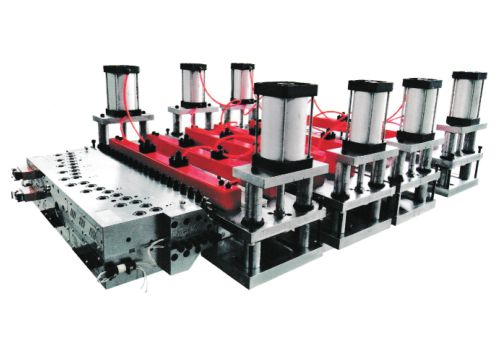 PVC co-extrusion foam board T-die and co-extrusion distributor, 4-stage guide pillar calibration table. SliderImage