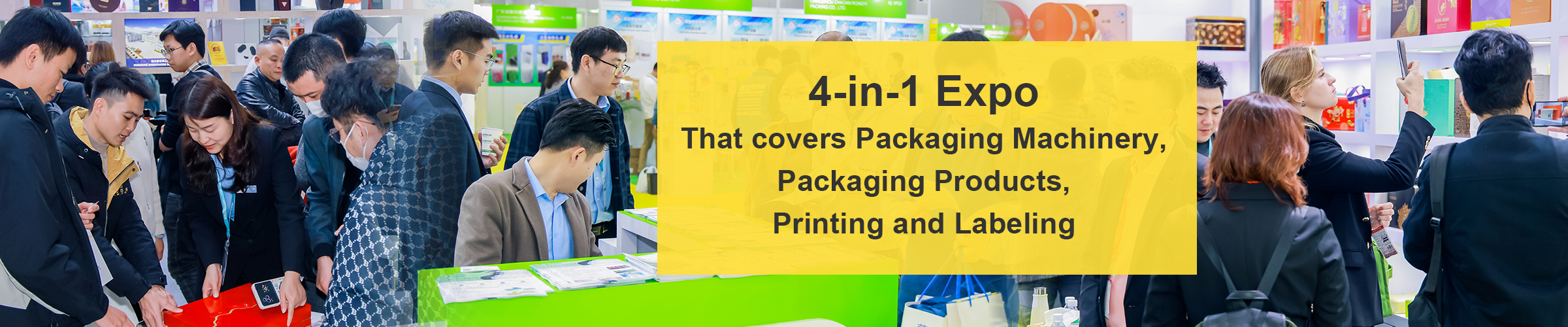 A vibrant display showcasing the 4-in-1 Expo featuring packaging machinery, packaging products, printing, and labeling.
