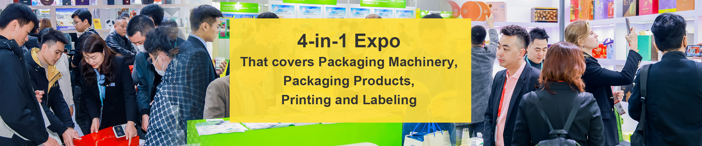 A vibrant display showcasing the 4-in-1 Expo featuring packaging machinery, packaging products, printing, and labeling.