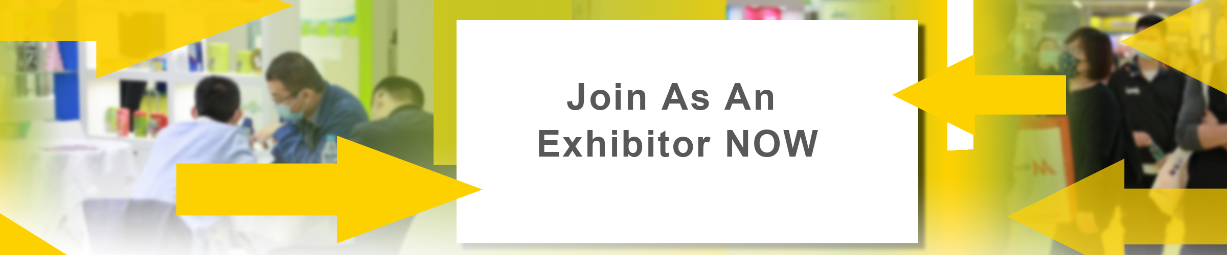 A promotional image inviting businesses to join as exhibitors, featuring the text 'Join As An Exhibitor NOW' and 'Space Reservation' prominently displayed.