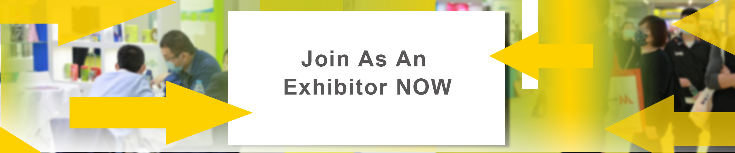 A promotional image inviting businesses to join as exhibitors, featuring the text 'Join As An Exhibitor NOW' and 'Space Reservation' prominently displayed.