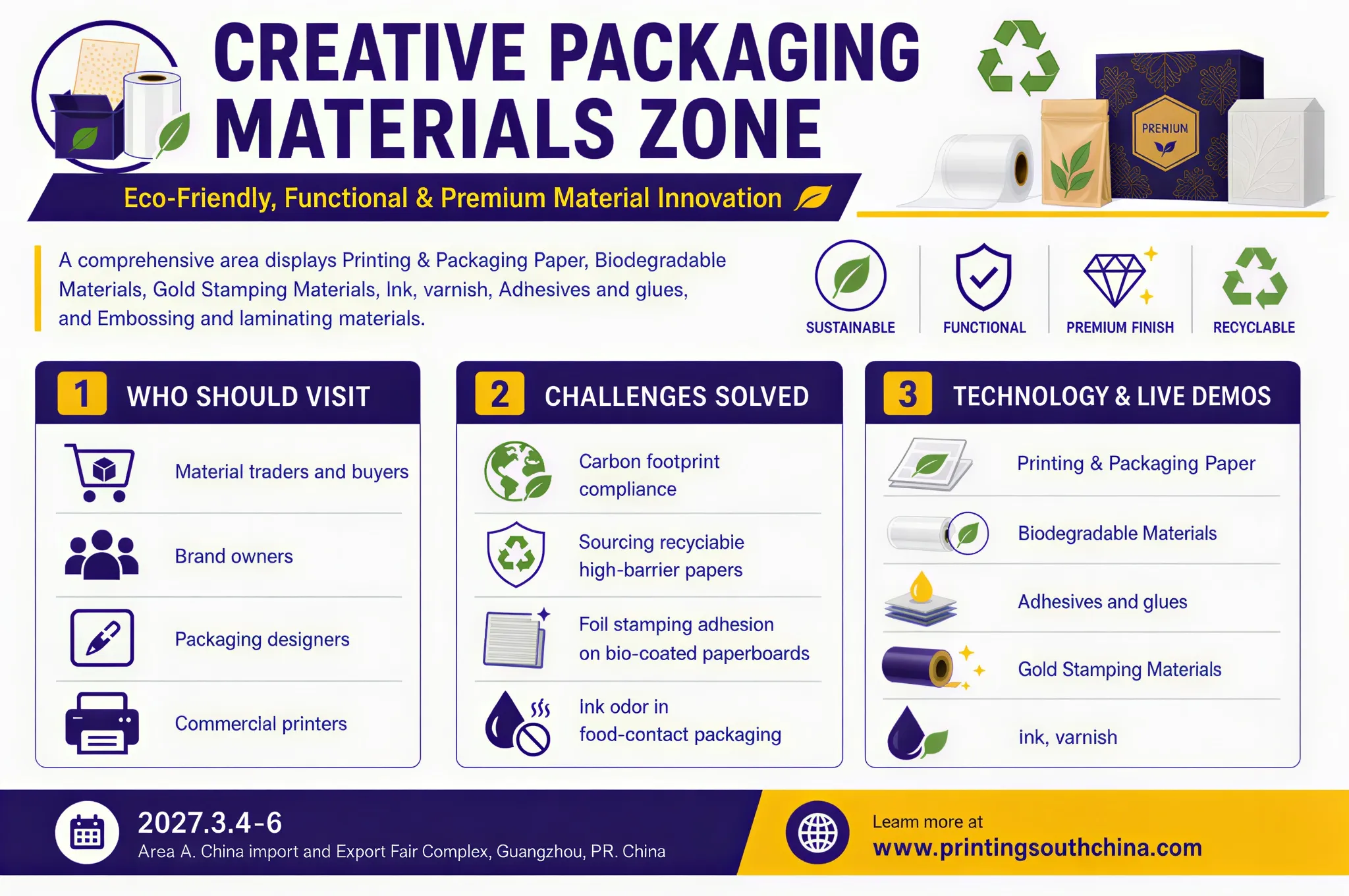 Trade-show infographic for Paper Container Packaging Zone featuring Paper Cup Machine, Paper Bowl Machine, Paper Bag-making Machine Series, Paper Straw Machine, Paper Tableware Machine, and Pulp Molding Equipment.